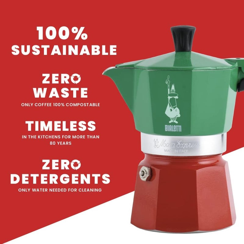 Bialetti - Moka Express Italia Collection: Iconic Stovetop Espresso Maker, Makes Real Italian Coffee, Moka Pot 3 Cups (4.3 Oz - 130 Ml), Aluminium, Colored in Red Green Silver - Image 5