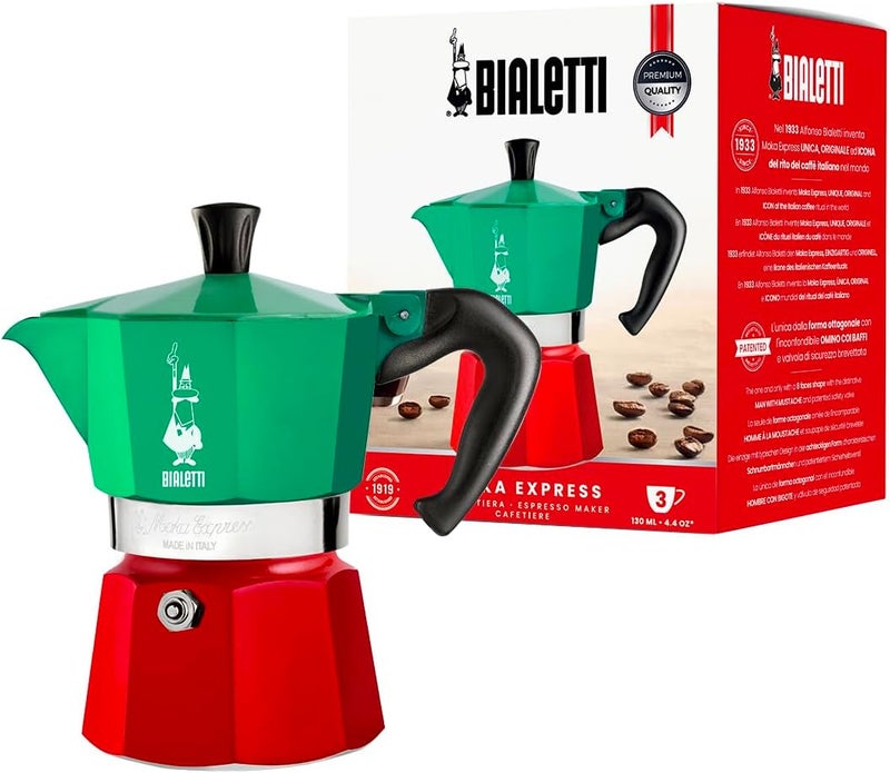 Bialetti - Moka Express Italia Collection: Iconic Stovetop Espresso Maker, Makes Real Italian Coffee, Moka Pot 3 Cups (4.3 Oz - 130 Ml), Aluminium, Colored in Red Green Silver - Image 1