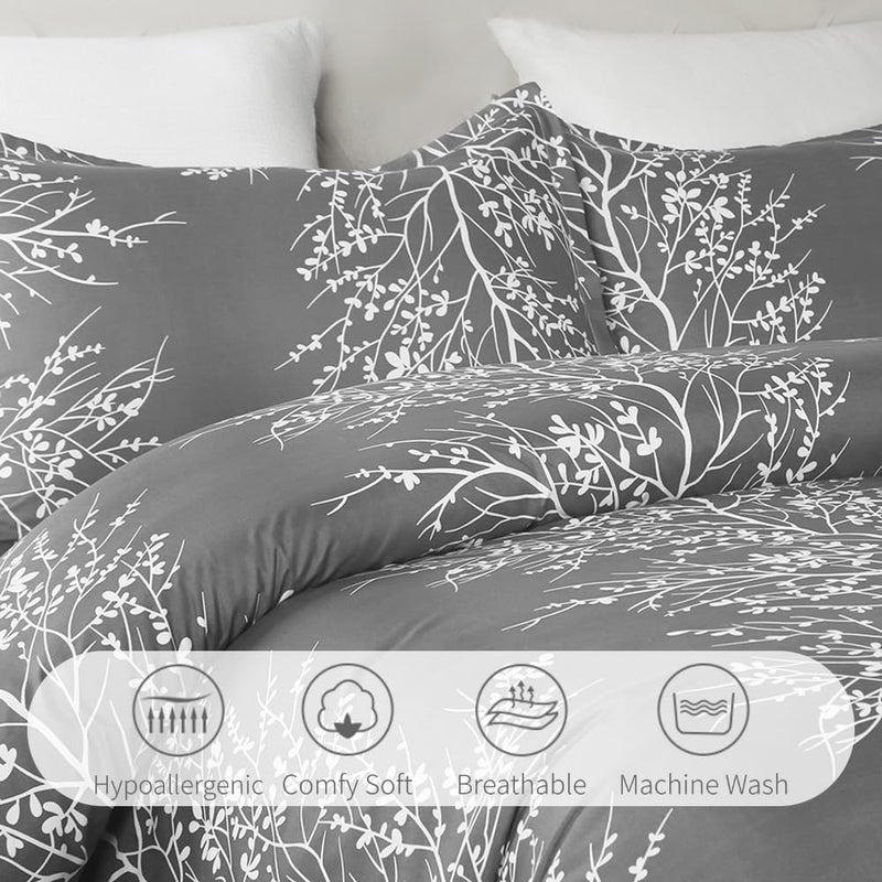 Vaulia Soft Microfiber Duvet Cover King Size, Grey and White Floral Branches Printed Pattern 3-Piece Set (1 Duvet Cover 2 Pillow Shams) - Image 2