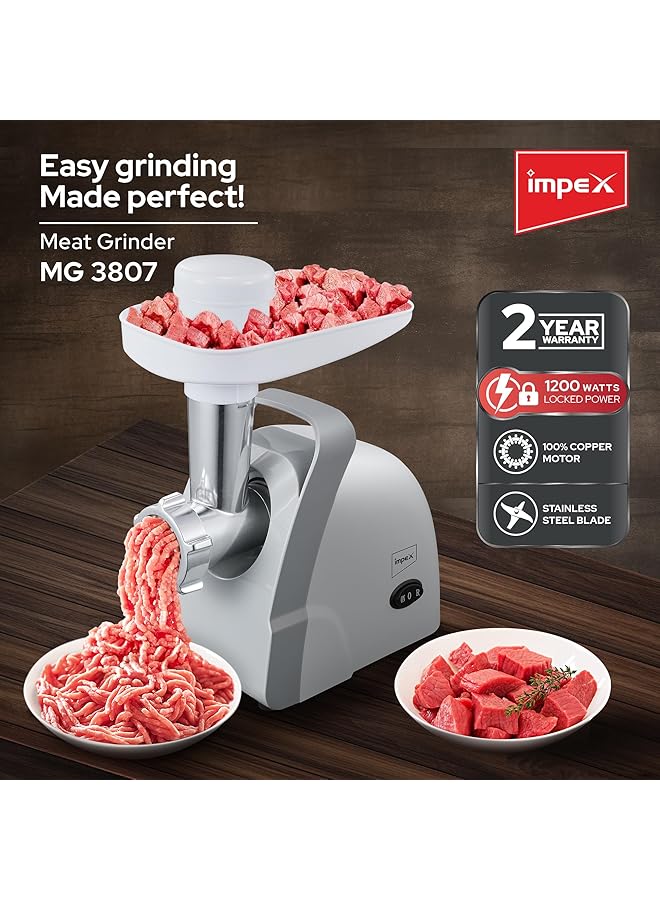 Impex Meat Grinder 1200 Watts Power Mincer With Reverse Function Stainless Blade And 3 Cutting Plates Sausage And Kubbe Attachments And Food Pusher 2 Years Mg 3807 - Image 2