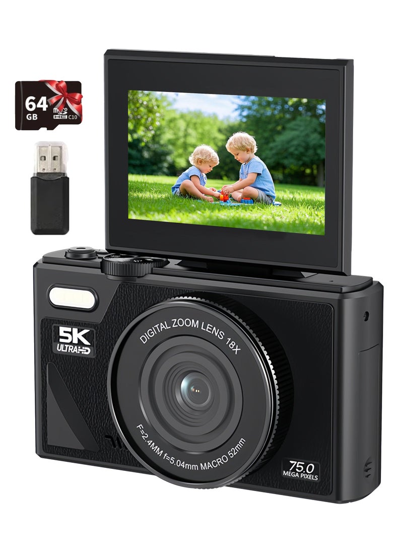 Generic Digital Camera, 5K Vlogging Camera, Kids Camera 75MP Point and Shoot Digital Cameras with 64GB TF Card, 18X Zoom,  Card Reader, Lens Cap, Lanyard, For Kids Boys Girls  - Image 1