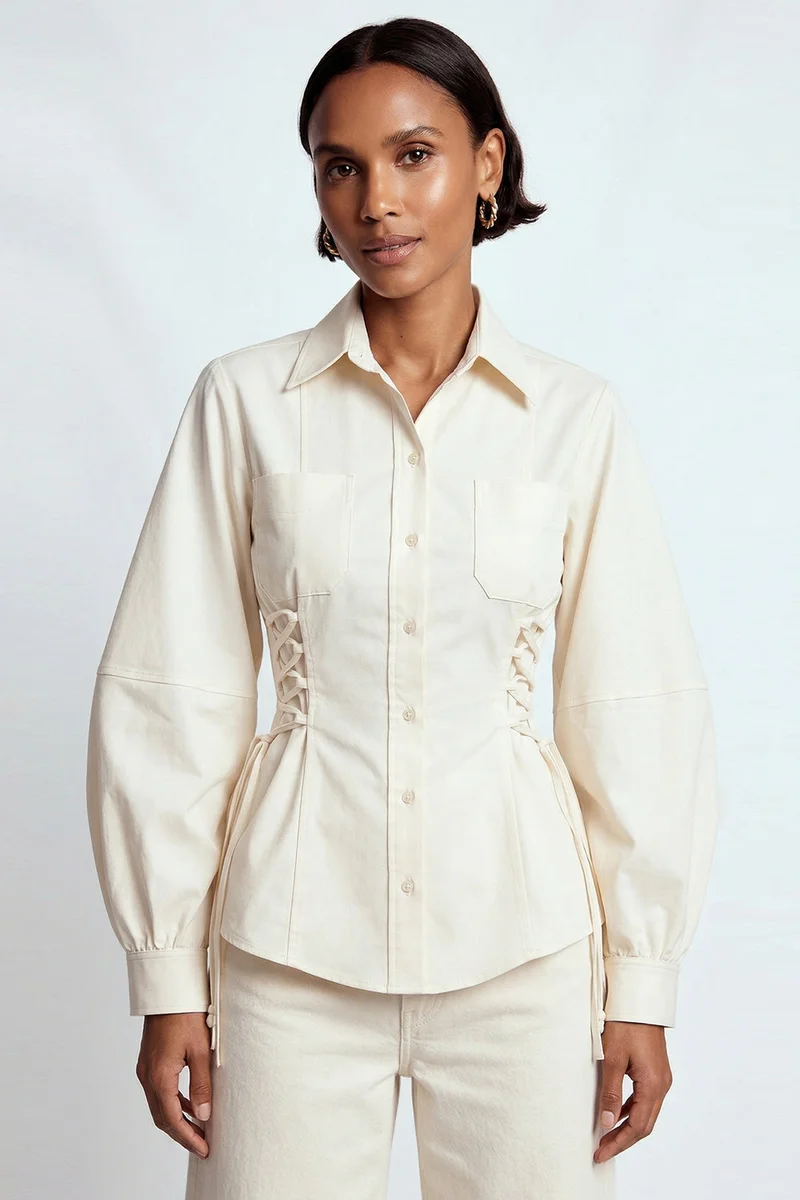 Exquise Cream Regular Shirt with Shirt Collar, Balloon Sleeves, and Fitted Waist