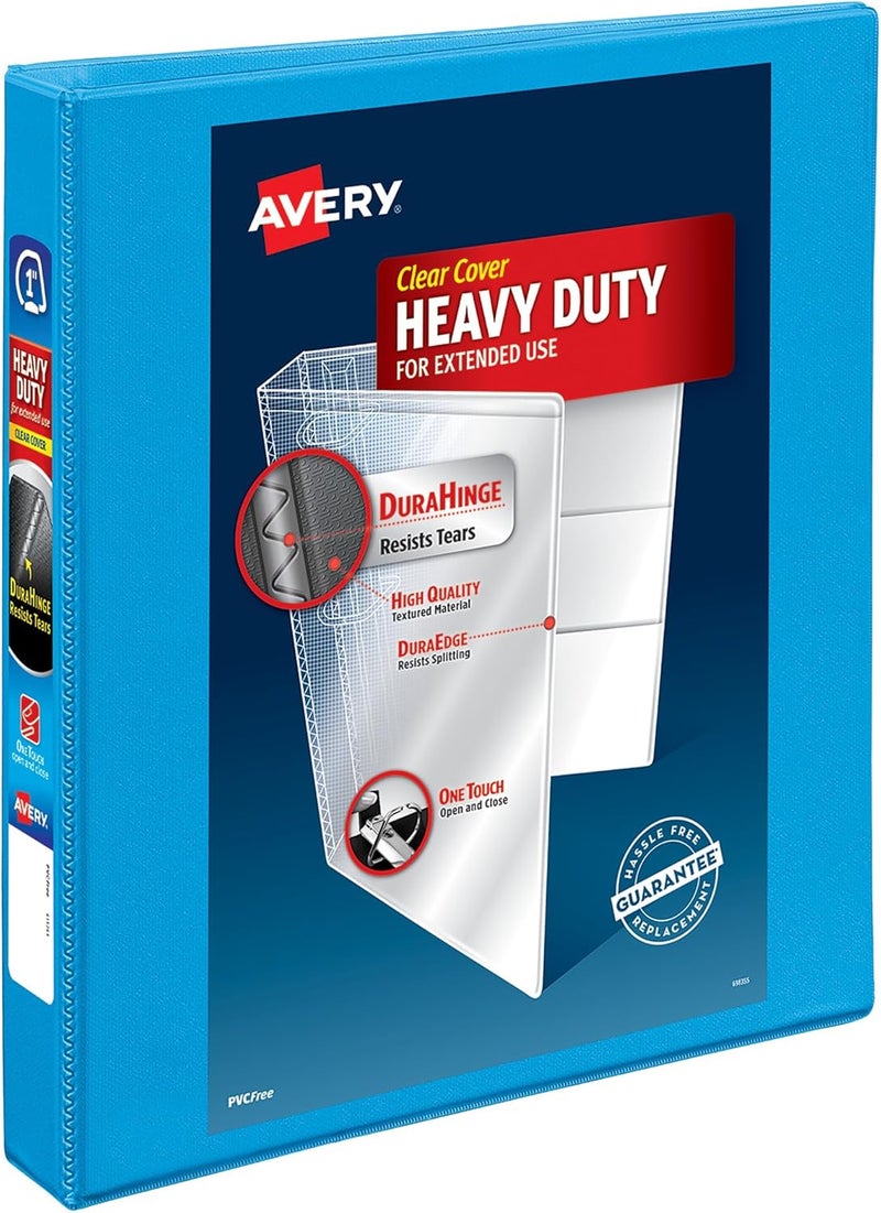 AVERY Heavy-Duty View 3 Ring Binder, 1" One Touch Slant Rings, Holds 8.5" x 11" Paper, 1 Light Blue Binder (05301) - Image 1