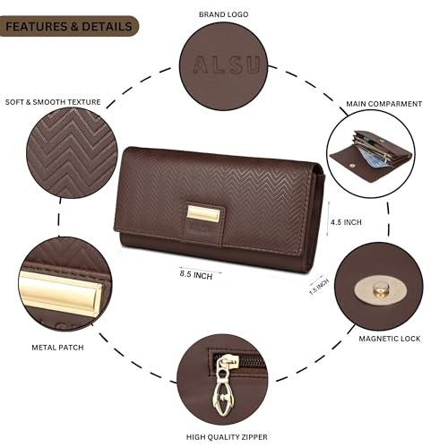 ALSU Women's Wallet Hand Purse Clutch Vegan Leather | Embossed Design | Phone Pocket | 4 Card Pocket (nur-002) (Brown) - Image 4