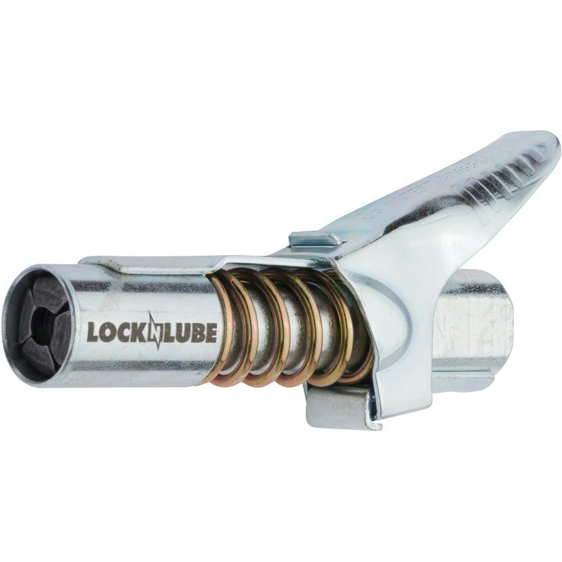 LockNLube Grease Gun Coupler locks onto Zerk fittings. Grease goes in, not on the machine. World's best-selling original locking grease coupler. Rated 10,000 PSI. Long-lasting rebuildable tool. - Image 2
