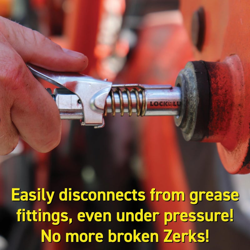 LockNLube Grease Gun Coupler locks onto Zerk fittings. Grease goes in, not on the machine. World's best-selling original locking grease coupler. Rated 10,000 PSI. Long-lasting rebuildable tool. - Image 5