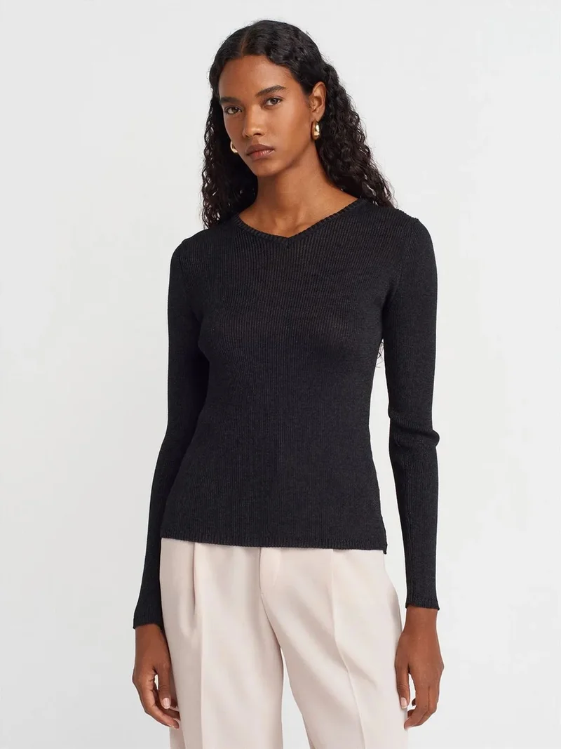 ديلفين DILVIN Women's Slim Fit V-Neck Ribbed Sweater