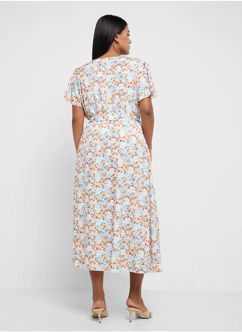 Ginger Plus V Neck Floral A Line Dress