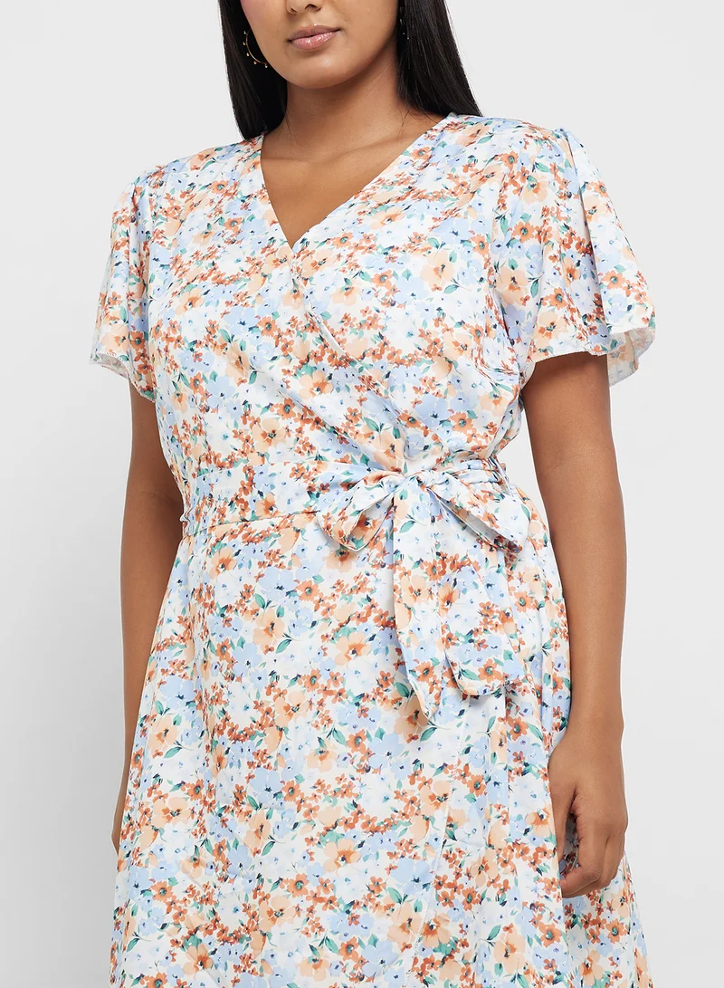 Ginger Plus V Neck Floral A Line Dress