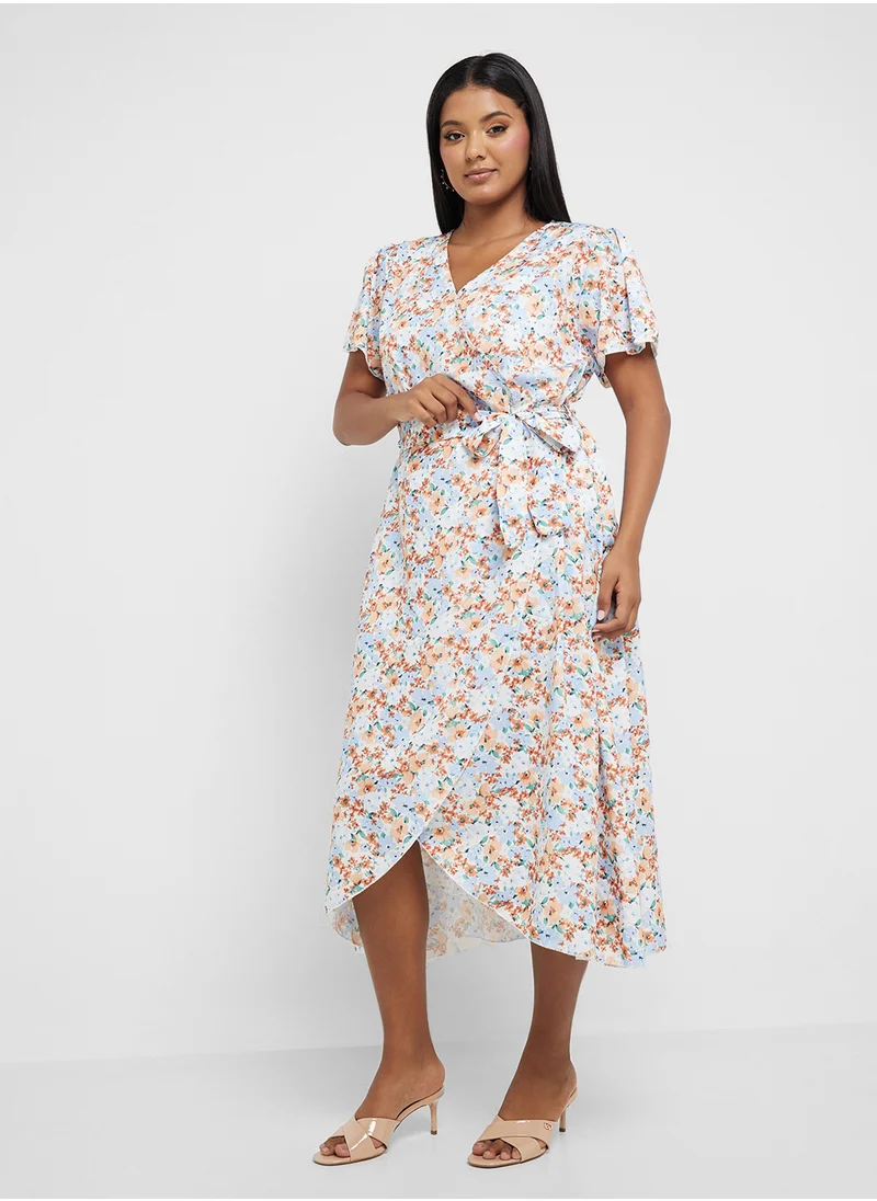 Ginger Plus V Neck Floral A Line Dress