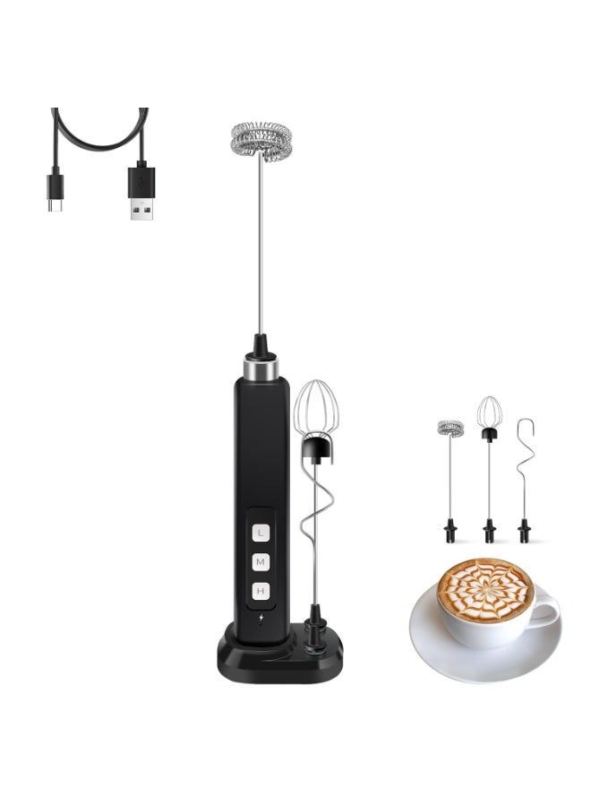 Rechargeable Milk Frother Handheld with 3 Detachable Stainless Whisks, 3 Speed Adjustable Drink Mixer, Mini Frother Wand for Coffee, Matcha, Protein Shakes, with Charging Base and Whisk Storage - Image 1