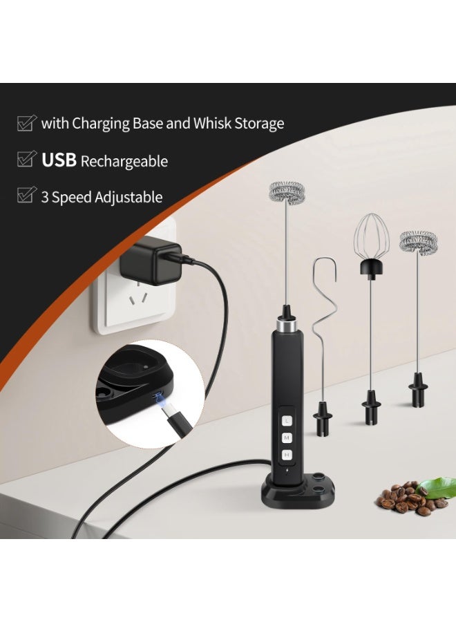 Rechargeable Milk Frother Handheld with 3 Detachable Stainless Whisks, 3 Speed Adjustable Drink Mixer, Mini Frother Wand for Coffee, Matcha, Protein Shakes, with Charging Base and Whisk Storage - Image 2
