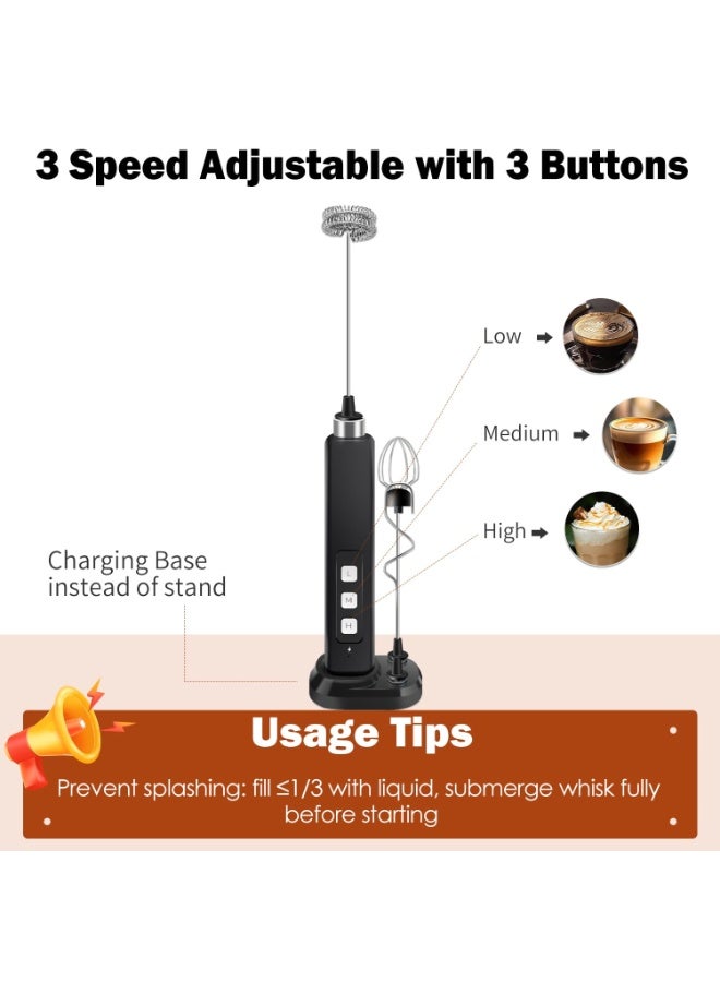 Rechargeable Milk Frother Handheld with 3 Detachable Stainless Whisks, 3 Speed Adjustable Drink Mixer, Mini Frother Wand for Coffee, Matcha, Protein Shakes, with Charging Base and Whisk Storage - Image 3