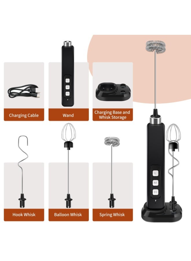 Rechargeable Milk Frother Handheld with 3 Detachable Stainless Whisks, 3 Speed Adjustable Drink Mixer, Mini Frother Wand for Coffee, Matcha, Protein Shakes, with Charging Base and Whisk Storage - Image 4