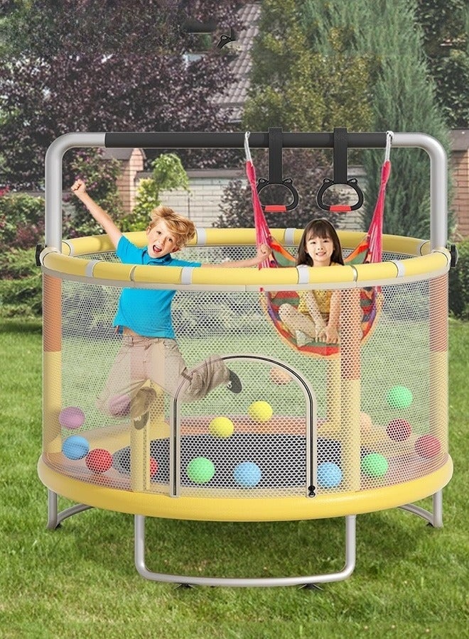 WALALLA Kids Trampoline Set with Rings, Swing, Basketball Hoop and Mini Basketball, Fun Sturdy Trampoline with Adjustable Gymnastics Bar, Enclosure and Suction Pads, Suitable for 3-4 Players, Load-bearing Capacity of 300KG, 140*160cm - Image 4