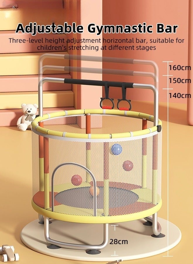 WALALLA Kids Trampoline Set with Rings, Swing, Basketball Hoop and Mini Basketball, Fun Sturdy Trampoline with Adjustable Gymnastics Bar, Enclosure and Suction Pads, Suitable for 3-4 Players, Load-bearing Capacity of 300KG, 140*160cm - Image 5