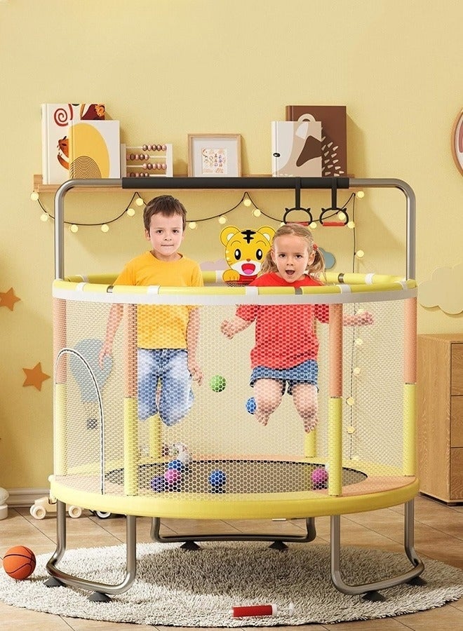 WALALLA Kids Trampoline Set with Rings, Swing, Basketball Hoop and Mini Basketball, Fun Sturdy Trampoline with Adjustable Gymnastics Bar, Enclosure and Suction Pads, Suitable for 3-4 Players, Load-bearing Capacity of 300KG, 140*160cm - Image 2