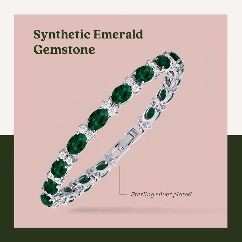KEZEF Tennis Bracelets For Women - Cubic Zirconia - Oval 7x5mm Emerald Gemstones - Round 2.50mm White CZ - Silver Plated Brass - 7 Inch - Hypoallergenic Bracelets - Image 3