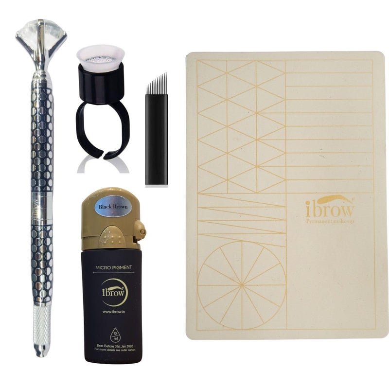 ibrow طقم ميكروبلايدينغ آي براو - طقم تاتو حواجب احترافي مع صبغة، قلم يدوي، شفرات، جلد للتدريب، وأكواب حبر - طقم مكياج دائم لوازم الميكروبلايدينغ للحواجب - Image 1