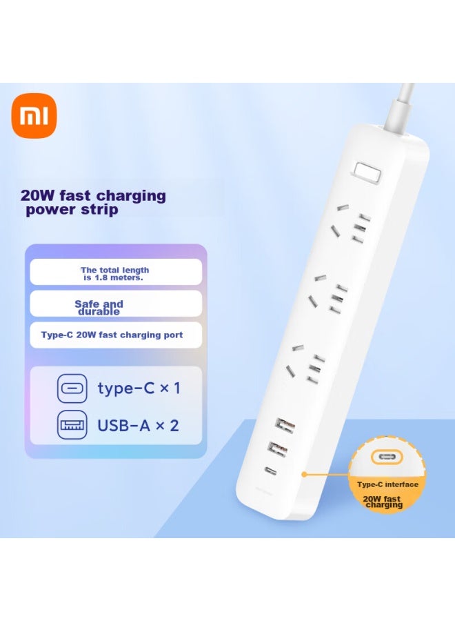 M I Xiaomi Mijia Power Strip 20w Fast Charging Version , Usb Power Strip/socket/extension Cord/power Board, Master Switch, 1.8 Meters Long, White - Image 1