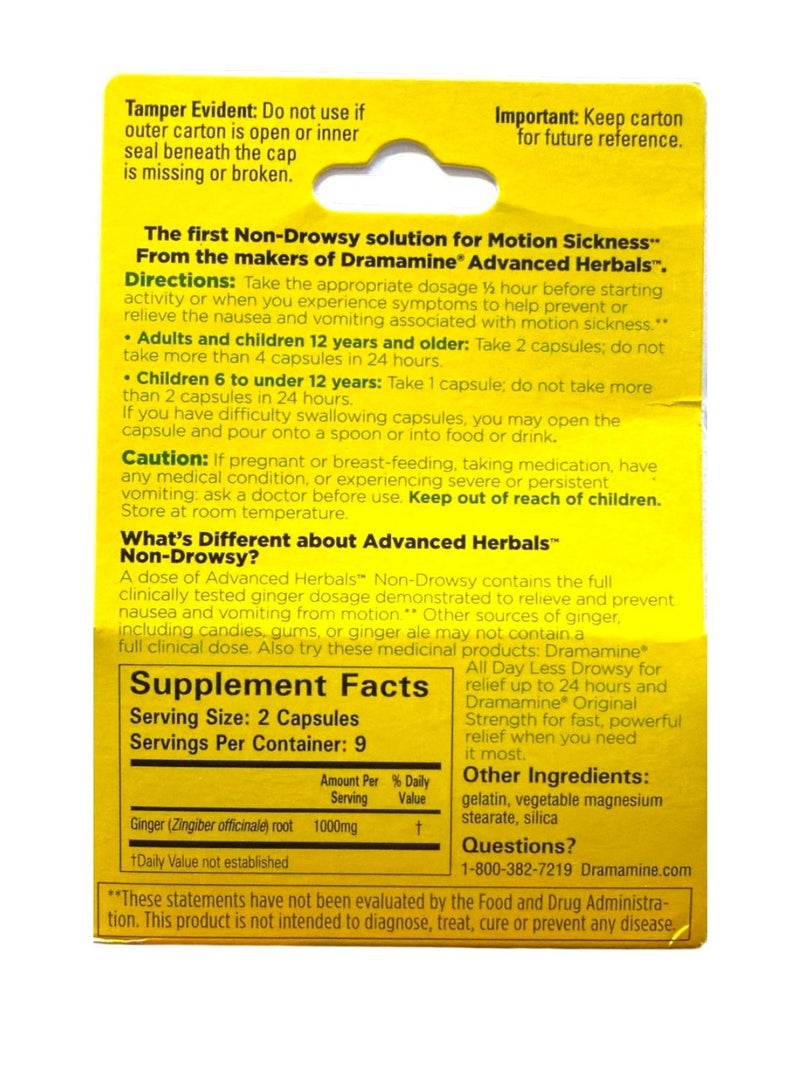Dramamine Advanced Herbals,Motion Sickness Non-Drowsy 18 Capsules Packaging May Vary - Image 2