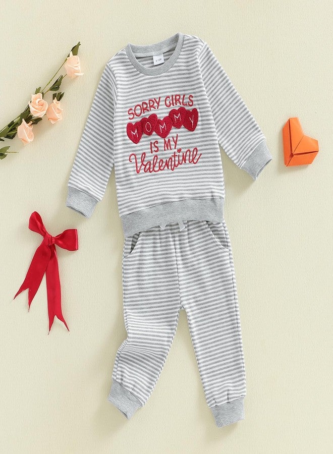 Kuriozud Toddler Baby Boy Valentines Day Outfit Striped Mr Steal Your Heart Sweatshirt and Pants Set Valentines Day Clothes, Gray Sorry Girls,mommy is My Valentine, 0-6 Months - Image 5