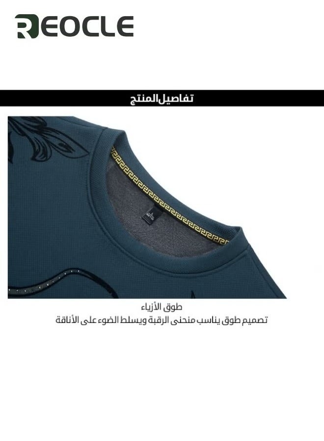 REOCLE Men's Fall Winter Printed Shiny Causal Pulls Without Hoodie Round Neck Shirt Warm Blue  - Image 3