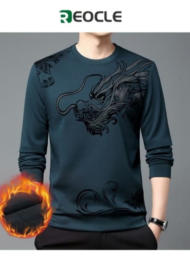REOCLE Men's Fall Winter Printed Shiny Causal Pulls Without Hoodie Round Neck Shirt Warm Blue  - Image 1