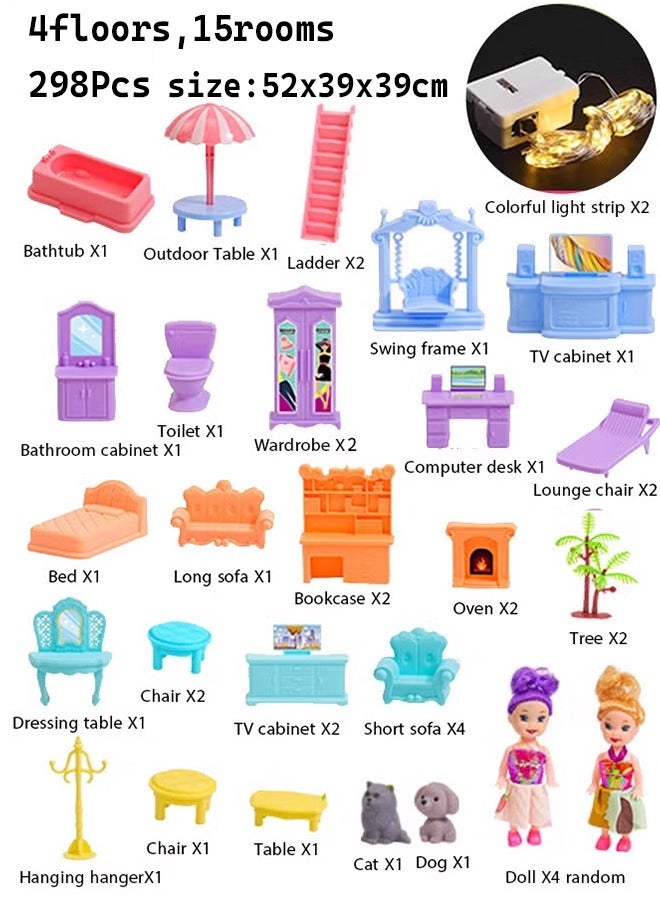 Gerenic Dollhouse, 4 Floors 15 Rooms Castle House, DIY Building Playset, Realistic 3D Craft Miniature Dollhouse, Big Size DIY Pretend Play Doll House, Dream House for Girls, Dollhouse Toy Kit for Girls, Toddler DIY Ideas Gifts With Assemble Kitchen Bedroom Furniture Garden Pets 4 Dolls 2 Color Light Strips, Gift for Ages 3+(Blue) - Image 2