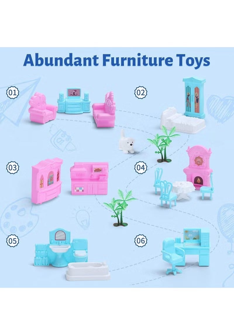 Gerenic Dollhouse, 4 Floors 15 Rooms Castle House, DIY Building Playset, Realistic 3D Craft Miniature Dollhouse, Big Size DIY Pretend Play Doll House, Dream House for Girls, Dollhouse Toy Kit for Girls, Toddler DIY Ideas Gifts With Assemble Kitchen Bedroom Furniture Garden Pets 4 Dolls 2 Color Light Strips, Gift for Ages 3+(Blue) - Image 4