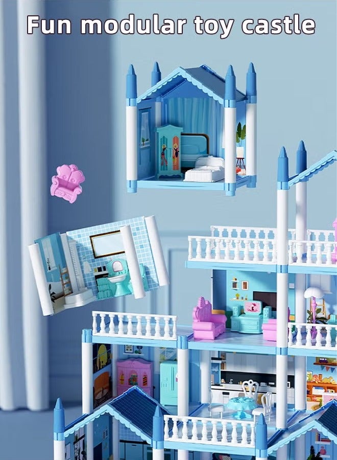 Gerenic Dollhouse, 4 Floors 15 Rooms Castle House, DIY Building Playset, Realistic 3D Craft Miniature Dollhouse, Big Size DIY Pretend Play Doll House, Dream House for Girls, Dollhouse Toy Kit for Girls, Toddler DIY Ideas Gifts With Assemble Kitchen Bedroom Furniture Garden Pets 4 Dolls 2 Color Light Strips, Gift for Ages 3+(Blue) - Image 5