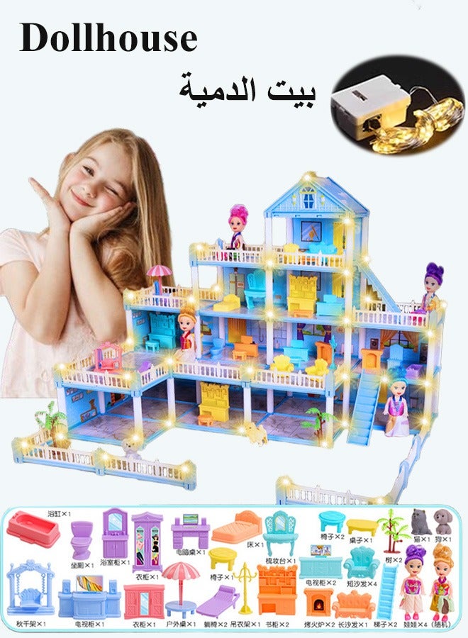 Gerenic Dollhouse, 4 Floors 15 Rooms Castle House, DIY Building Playset, Realistic 3D Craft Miniature Dollhouse, Big Size DIY Pretend Play Doll House, Dream House for Girls, Dollhouse Toy Kit for Girls, Toddler DIY Ideas Gifts With Assemble Kitchen Bedroom Furniture Garden Pets 4 Dolls 2 Color Light Strips, Gift for Ages 3+(Blue) - Image 1