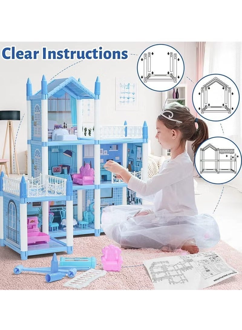 جيرينك بيت الدمى، 4 طوابق، 15 غرفة، منزل قلعة، مجموعة بناء DIY، بيت دمى مصغر واقعي ثلاثي الأبعاد، بيت دمى كبير الحجم للعب التظاهري DIY، بيت أحلام للبنات، مجموعة ألعاب بيت الدمى للبنات، أفكار هدايا DIY للأطفال الصغار مع تجميع أثاث المطبخ وغرفة النوم والحديقة والحيوانات الأليفة و4 دمى وشريطين إضاءة بلونين، هدية للأعمار من 3 سنوات فما فوق (أزرق) - Image 5
