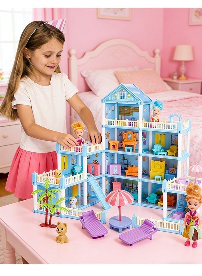جيرينك بيت الدمى، 4 طوابق، 15 غرفة، منزل قلعة، مجموعة بناء DIY، بيت دمى مصغر واقعي ثلاثي الأبعاد، بيت دمى كبير الحجم للعب التظاهري DIY، بيت أحلام للبنات، مجموعة ألعاب بيت الدمى للبنات، أفكار هدايا DIY للأطفال الصغار مع تجميع أثاث المطبخ وغرفة النوم والحديقة والحيوانات الأليفة و4 دمى وشريطين إضاءة بلونين، هدية للأعمار من 3 سنوات فما فوق (أزرق) - Image 3