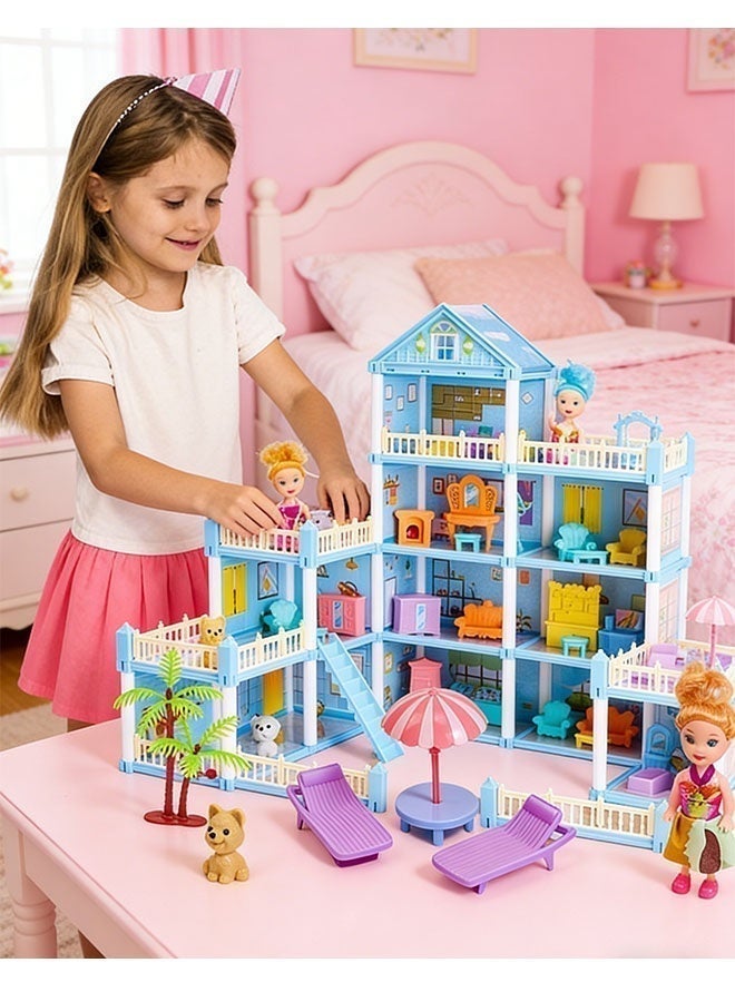 ساذج بيت الدمى، 4 طوابق، 15 غرفة، منزل قلعة، مجموعة بناء DIY، بيت دمى مصغر واقعي ثلاثي الأبعاد، بيت دمى كبير الحجم للعب التظاهري DIY، بيت أحلام للبنات، مجموعة ألعاب بيت الدمى للبنات، أفكار هدايا DIY للأطفال الصغار مع تجميع أثاث المطبخ وغرفة النوم والحديقة والحيوانات الأليفة و4 دمى وشريطين إضاءة بلونين، هدية للأعمار من 3 سنوات فما فوق (أزرق) - Image 5