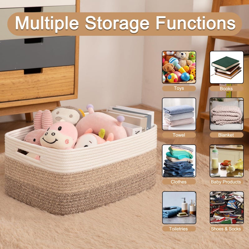 OIASKET Large Storage Basket for Organizing, Woven Rope Basket for Shelves, Closet Organizer Bins for Clothes, Blanket, Toys, Baby Nursery Storage, 17.7" x 13" x 7.87", 2 Packs Gradient Yellow - Image 3