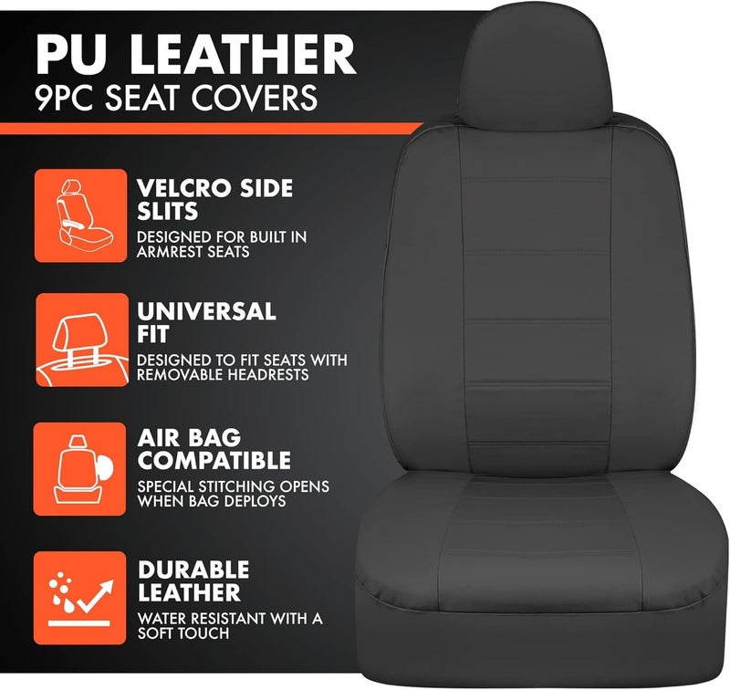 BDK carXS Black Leather Car Seat Covers Full Set, 9-Piece Faux Seat Covers for Cars, Includes Front and Back Seat Cover, Automotive Seat Covers for Trucks SUV - Image 2
