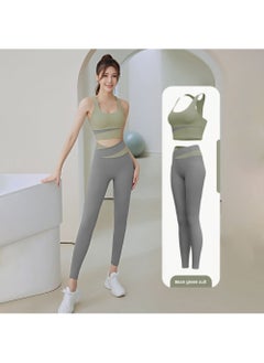 Generic New Color-Block Yoga Suit Shockproof High-Waist Sports Set Cardamom green bra + sea salt gray trousers 