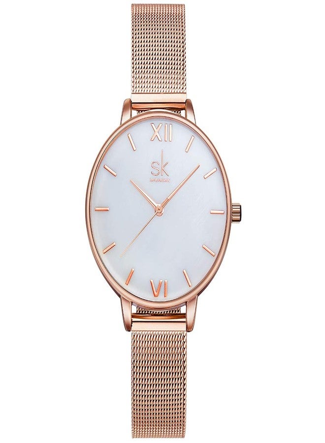 SHENGKE Simplicity Creative Women Watch Genuine Leather Elegant Women Watches Ladies Business Wristwatch (K0056-Rosegold-Mesh Band) - Image 1
