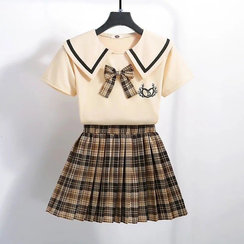 Girls Summer JK Suit T-Shirt Skirt Set Apricot
