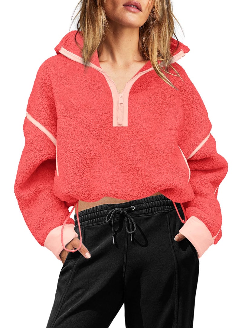 Yanekop 1/4 Zip Pullover Women Zip Up Sweatshirt Fleece Pullover Christmas Sweaters Long Sleeve V Neck Sweaters(Coral Mixed,XL) - Image 2