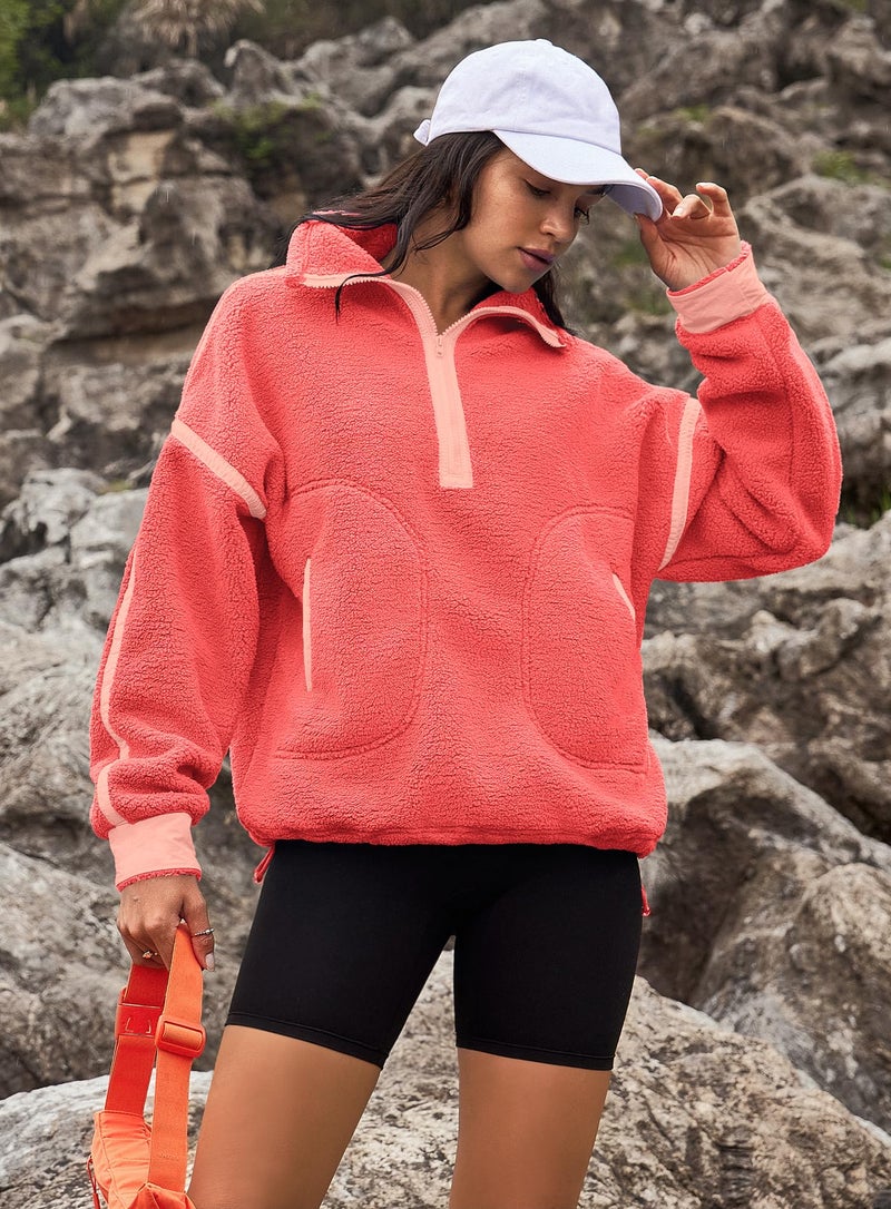 Yanekop 1/4 Zip Pullover Women Zip Up Sweatshirt Fleece Pullover Christmas Sweaters Long Sleeve V Neck Sweaters(Coral Mixed,XL) - Image 3