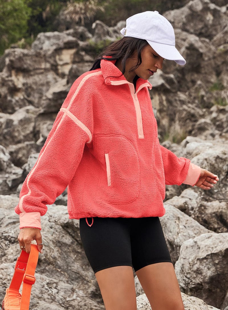 Yanekop 1/4 Zip Pullover Women Zip Up Sweatshirt Fleece Pullover Christmas Sweaters Long Sleeve V Neck Sweaters(Coral Mixed,XL) - Image 5