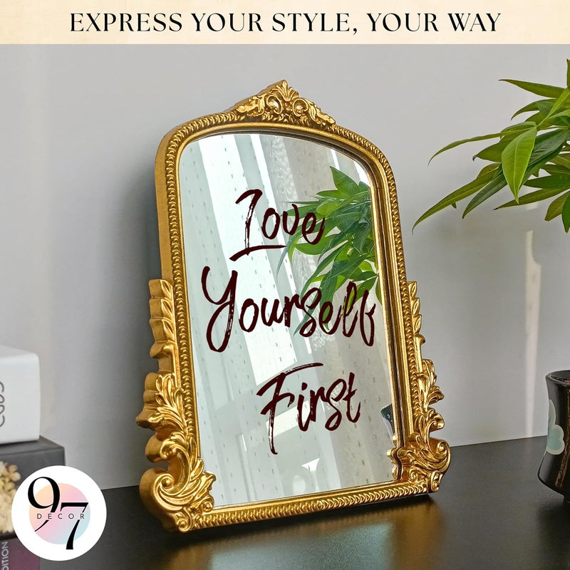 97 Decor Gold Vintage Wall Mirror - Small Gold Mirror for Tabletop and Wall Hanging, Antique Arch Frames for Desk, Small Decorative Mirrors Frame for Home Bedroom, Makeup Room Decor (11.8x9.6 Inch) - Image 5