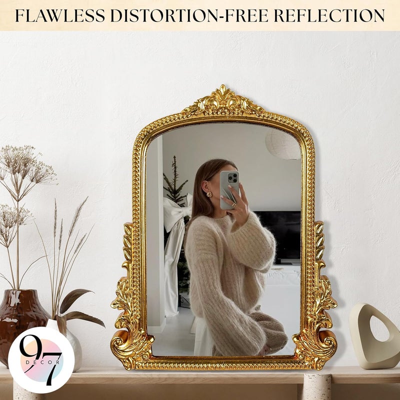 97 Decor Gold Vintage Wall Mirror - Small Gold Mirror for Tabletop and Wall Hanging, Antique Arch Frames for Desk, Small Decorative Mirrors Frame for Home Bedroom, Makeup Room Decor (11.8x9.6 Inch) - Image 3