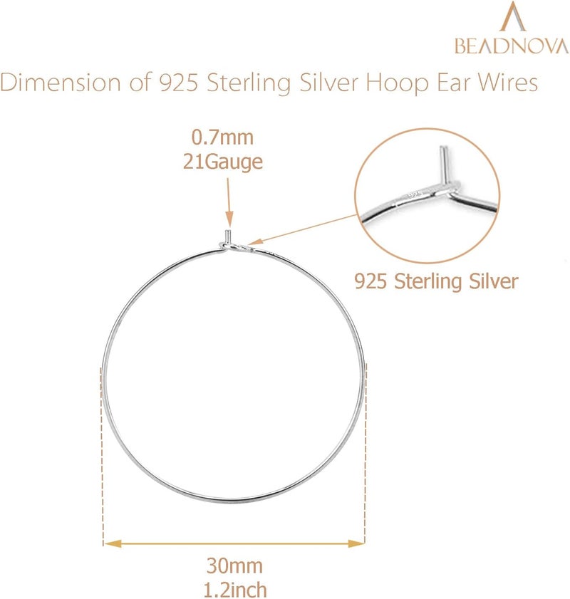 BEADNOVA 925 Sterling Silver Hoop Ear Wires Hoop Earrings Wires Earwires for Jewelry Making Earrings Making DIY 2pcs 30mm - Image 2