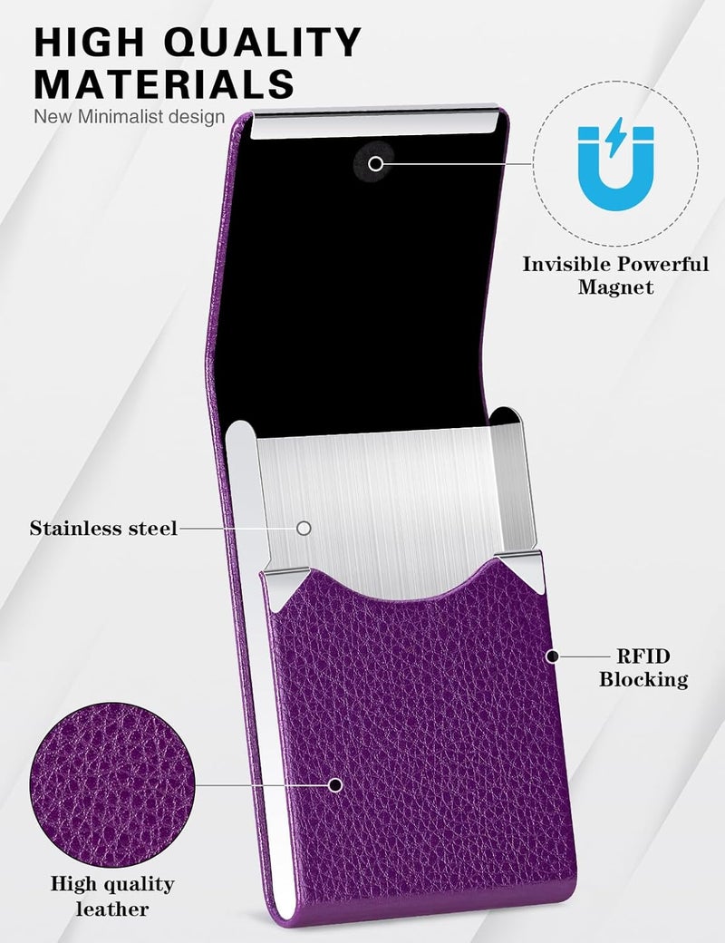 Padike PU Leather Business Card Holder for Women Slim Pocket Business Name Card Holder Stainless Steel Business Card Case with Magnetic Shut (Purple) - Image 2