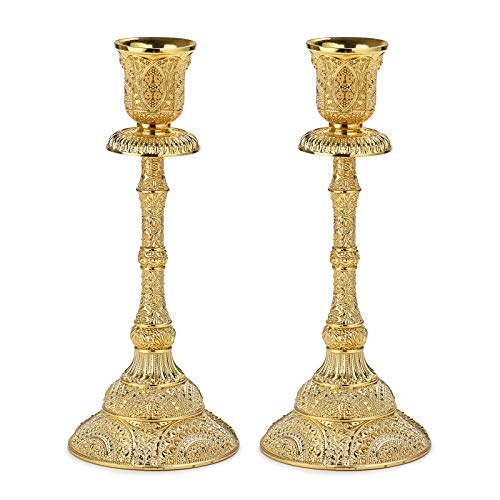 OwnMy Set of 2 Taper Candle Holders Vintage Metal Pillar Candlestick Holders 7.4”, Elegant Brass Candle Stick Holders Decor Candelabra Set for Dining Table Centerpieces Wedding Home Decoration, Gold - Image 1
