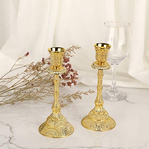 OwnMy Set of 2 Taper Candle Holders Vintage Metal Pillar Candlestick Holders 7.4”, Elegant Brass Candle Stick Holders Decor Candelabra Set for Dining Table Centerpieces Wedding Home Decoration, Gold - Image 2