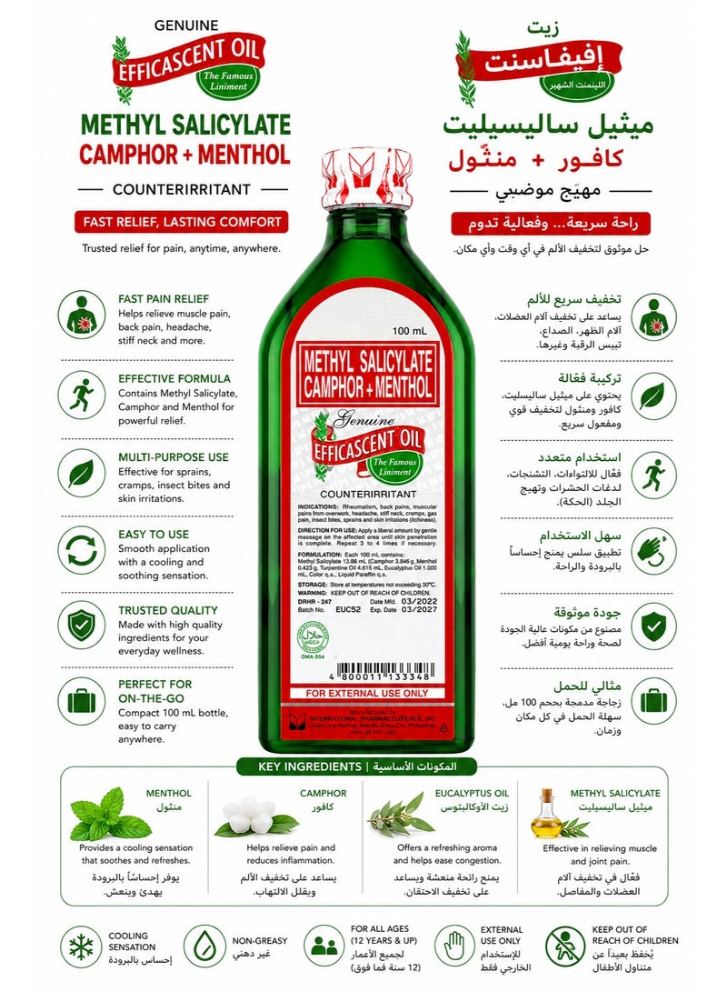 Efficascent Oil Methyl Salicylate Camphor Menthol Counterirritant Liniment - 100ml - Image 2